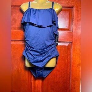 La Blanca Off the Shoulder One-Piece 16W Navy Blue Swimsuit Tummy Control NWT